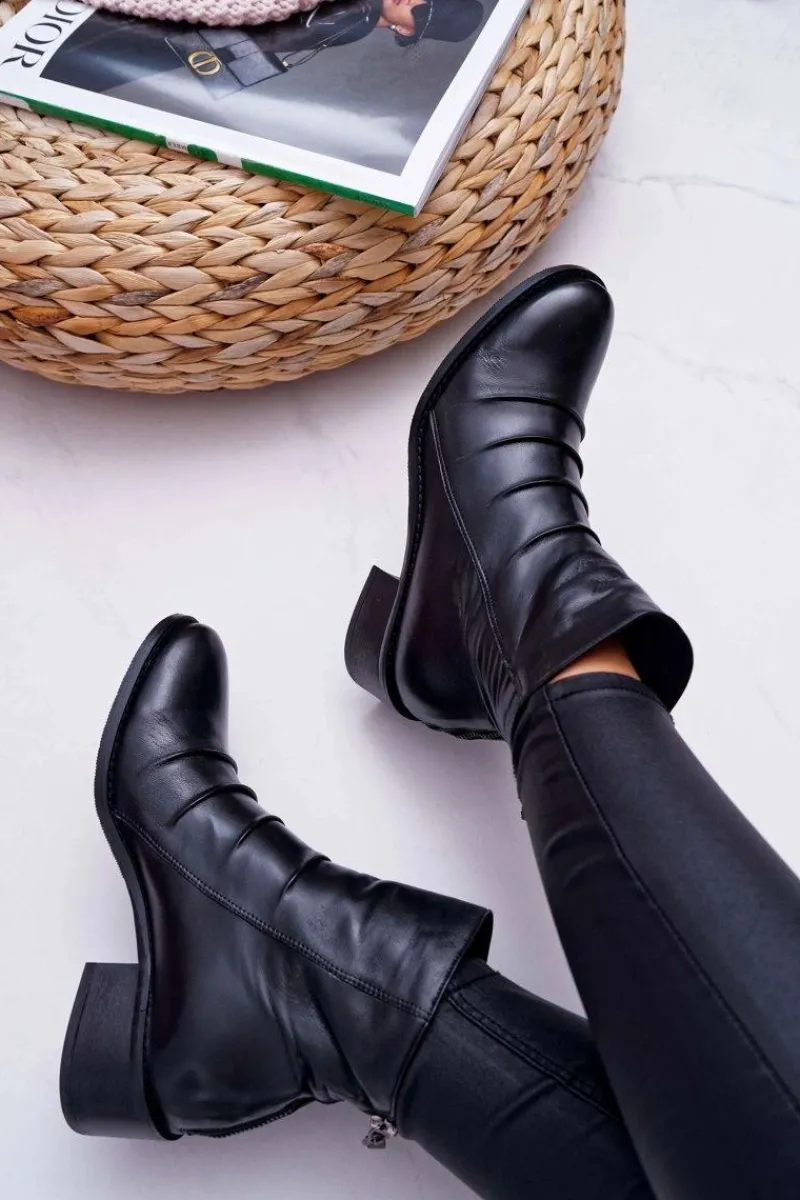 Botki Zimowe Damskie|Botki Płaskie>Laura Messi Botki Damskie Czarne Płaski Obcas Skóra Naturalna