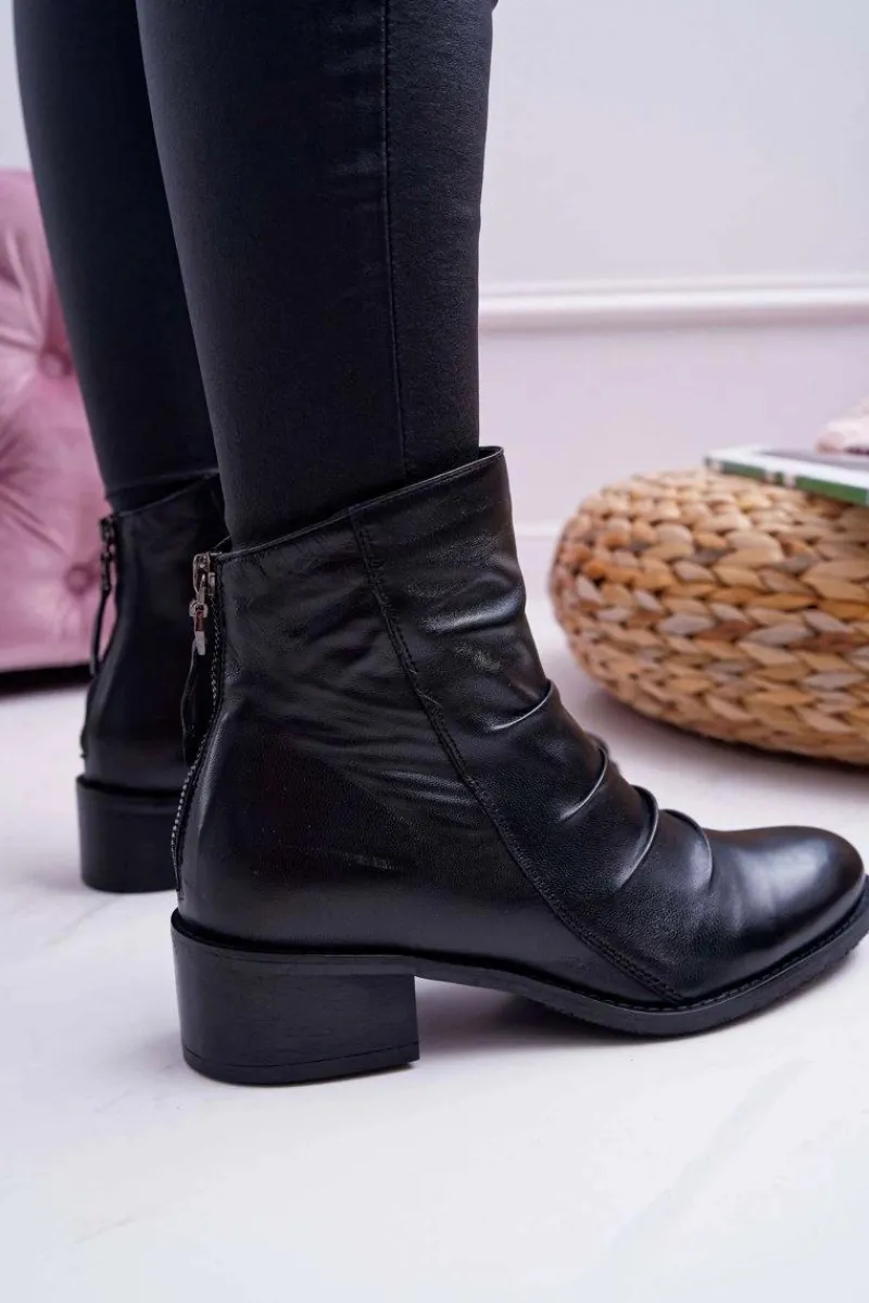 Botki Zimowe Damskie|Botki Płaskie>Laura Messi Botki Damskie Czarne Płaski Obcas Skóra Naturalna