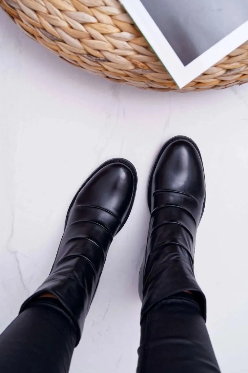 Botki Zimowe Damskie|Botki Płaskie>Laura Messi Botki Damskie Czarne Płaski Obcas Skóra Naturalna