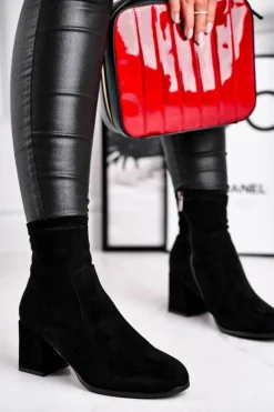 Sale Botki Damskie Czarne Zamszowe Merducio Damskie Botki Na Słupku|Czarne Botki