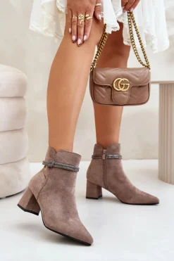 Best Botki Damskie Eko Zamszowe Na Słupku Z Noskami W Szpic Brązowe Terivannes Damskie Brązowe I Beżowe Botki|Botki Na Obcasie