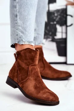 Outlet Botki Damskie Kowbojki Płaski Obcas Camel Plemmi Damskie Botki Zimowe Damskie|Brązowe I Beżowe Botki