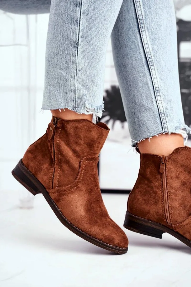 Outlet Botki Damskie Kowbojki Płaski Obcas Camel Plemmi Damskie Botki Zimowe Damskie|Brązowe I Beżowe Botki