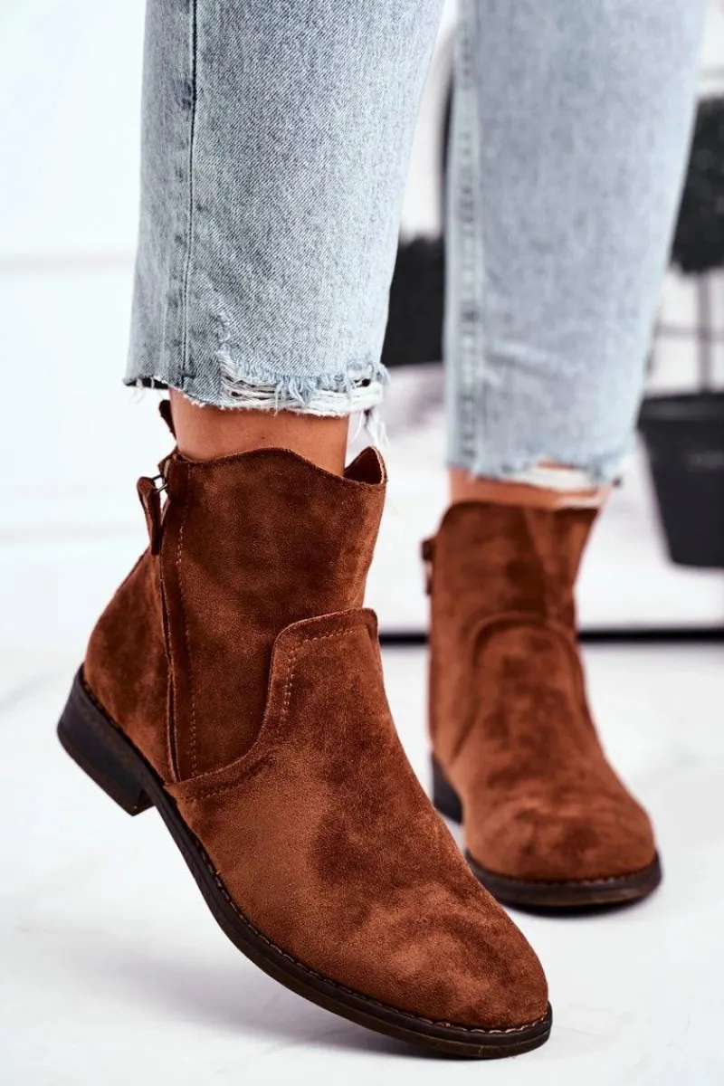 Outlet Botki Damskie Kowbojki Płaski Obcas Camel Plemmi Damskie Botki Zimowe Damskie|Brązowe I Beżowe Botki