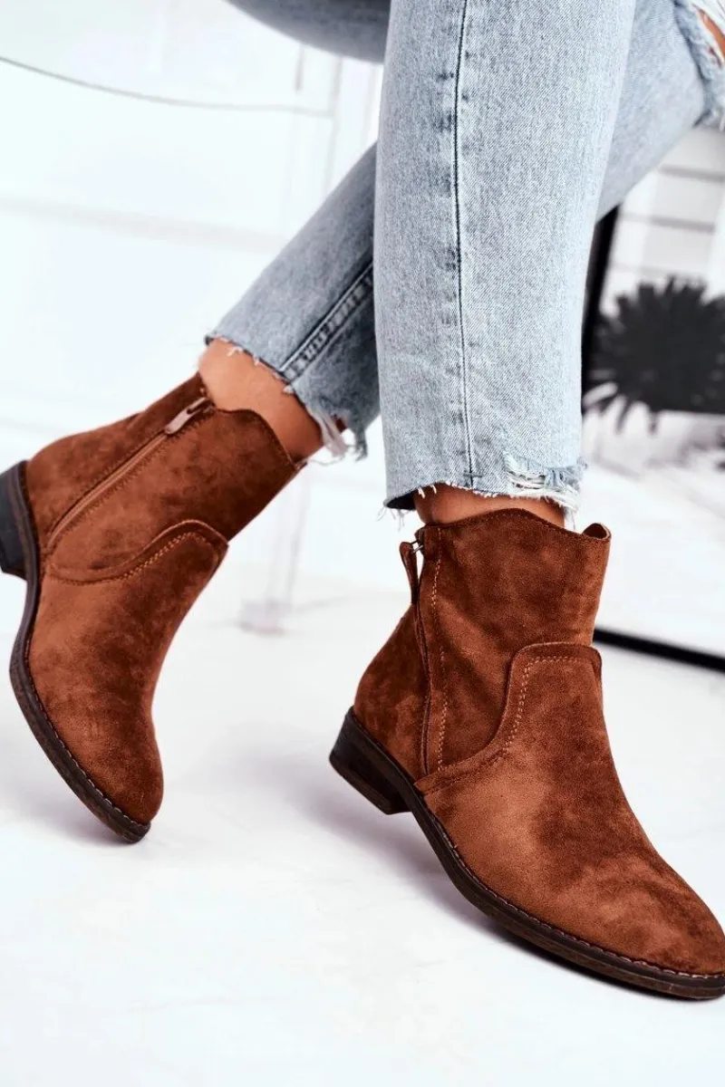 Outlet Botki Damskie Kowbojki Płaski Obcas Camel Plemmi Damskie Botki Zimowe Damskie|Brązowe I Beżowe Botki