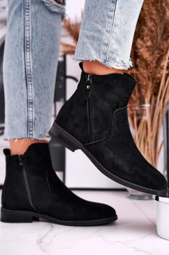 Clearance Evento Botki Damskie Kowbojki Płaski Obcas Czarne Plemmi