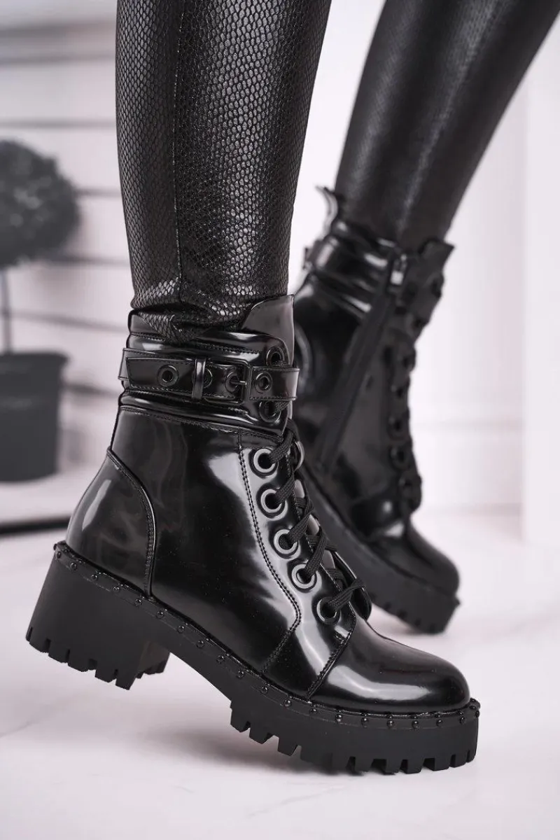 Damskie Trapery|Botki Sznurowane>Boto Botki Damskie Lakierowane Czarne Head Up