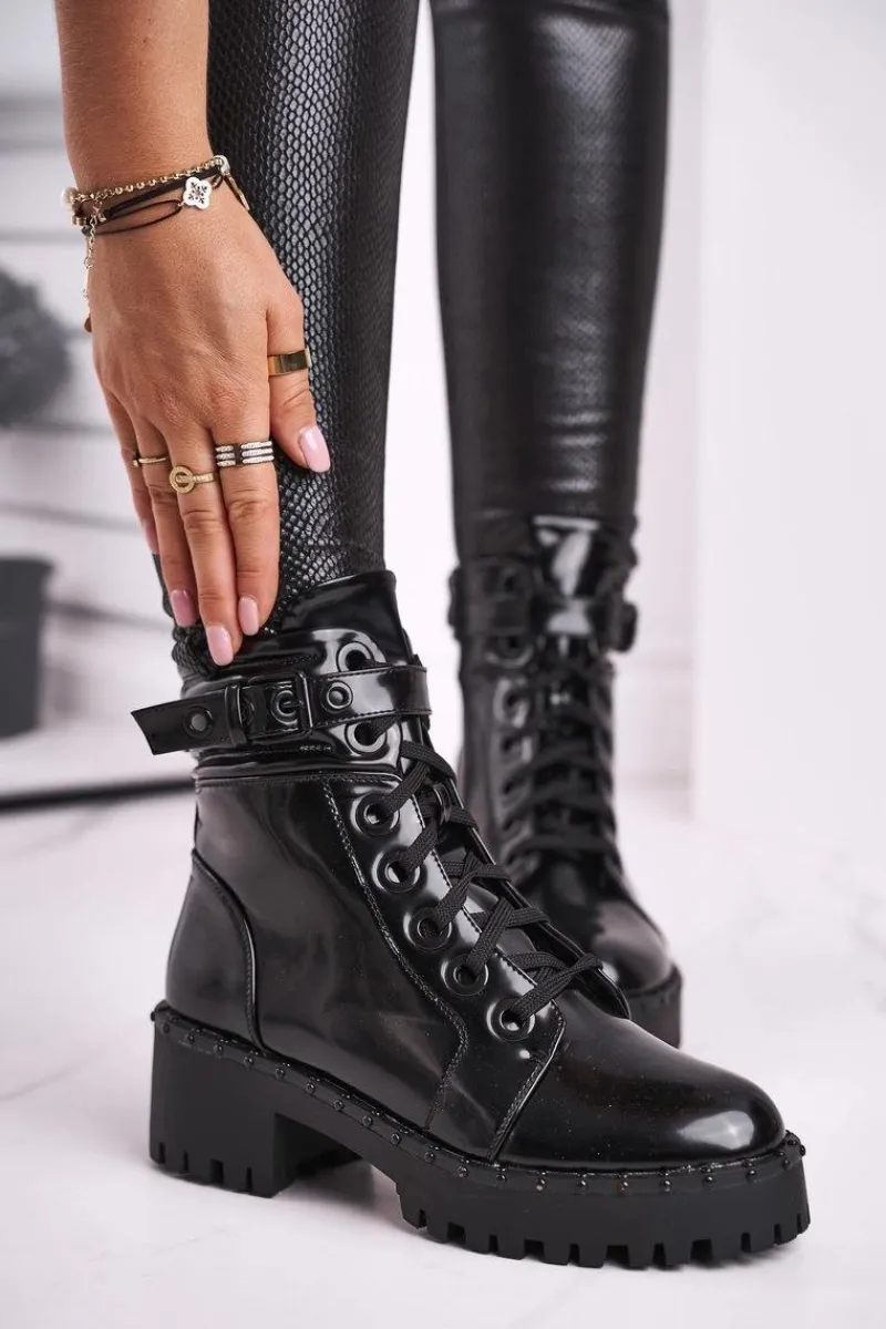 Damskie Trapery|Botki Sznurowane>Boto Botki Damskie Lakierowane Czarne Head Up