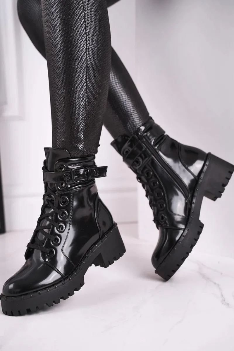 Damskie Trapery|Botki Sznurowane>Boto Botki Damskie Lakierowane Czarne Head Up