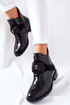 Damskie Trapery|Czarne Botki>Damskie buty S.Barski Botki Damskie Lakierowane Czarne Kryształy Schuler