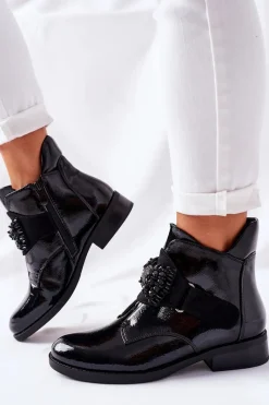 Damskie Trapery|Czarne Botki></noscript>Damskie buty S.Barski Botki Damskie Lakierowane Czarne Kryształy Schuler
