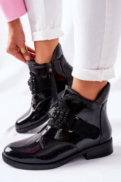 Damskie Trapery|Czarne Botki></noscript>Damskie buty S.Barski Botki Damskie Lakierowane Czarne Kryształy Schuler
