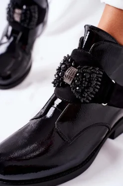 Damskie Trapery|Czarne Botki></noscript>Damskie buty S.Barski Botki Damskie Lakierowane Czarne Kryształy Schuler