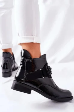 Damskie Trapery|Czarne Botki></noscript>Damskie buty S.Barski Botki Damskie Lakierowane Czarne Kryształy Schuler