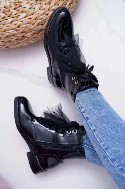 Sale Botki Damskie Lakierowane Płaskie Czarne Barski 39-2 Damskie Botki Sznurowane|Botki Zimowe Damskie