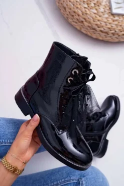 Sale Botki Damskie Lakierowane Płaskie Czarne Barski 39-2 Damskie Botki Sznurowane|Botki Zimowe Damskie