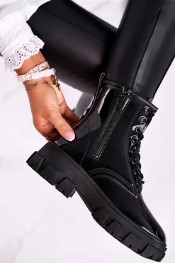 Clearance Botki Damskie Lakierowane Trapery Czarne Linzo Damskie Damskie Trapery|Botki Sznurowane