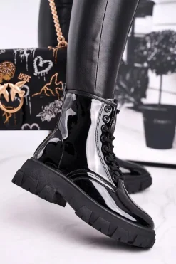 Clearance Botki Damskie Lakierowane Trapery Czarne Linzo Damskie Damskie Trapery|Botki Sznurowane