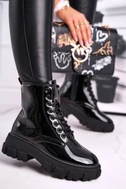 Clearance Botki Damskie Lakierowane Trapery Czarne Linzo Damskie Damskie Trapery|Botki Sznurowane