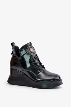 Online Buty damskie Vinceza Botki Damskie Lakierowane Na Koturnie Ocieplane Vinceza 66706 Czarne