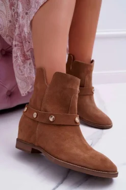 Botki Wiosenne|Botki Na Koturnie>Laura Messi Botki Damskie 1890 Skóra Zamsz Ciemny Camel Darmah