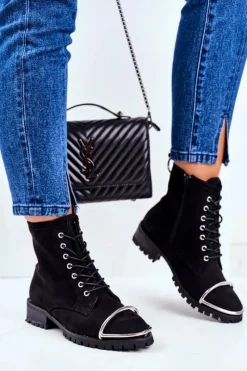 New Botki Damskie Lu Boo Czarne Zamszowe Workery ze Stalową Oprawą Jacksy Damskie Botki Sznurowane|Botki Workery