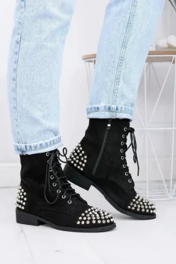 Botki Sznurowane|Botki Workery>Boto Botki Damskie Lu Boo Zamszowe Czarne Workery z Ćwiekami Tension