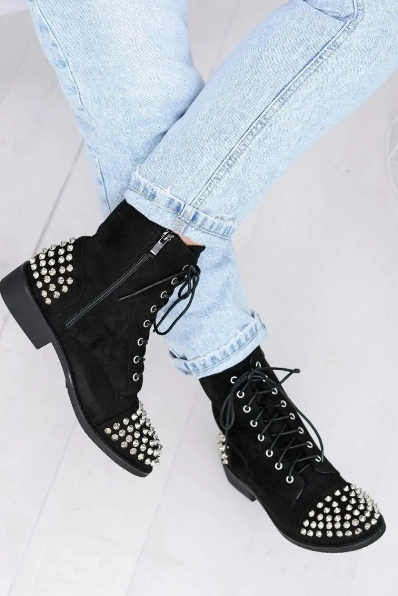 Botki Sznurowane|Botki Workery>Boto Botki Damskie Lu Boo Zamszowe Czarne Workery z Ćwiekami Tension