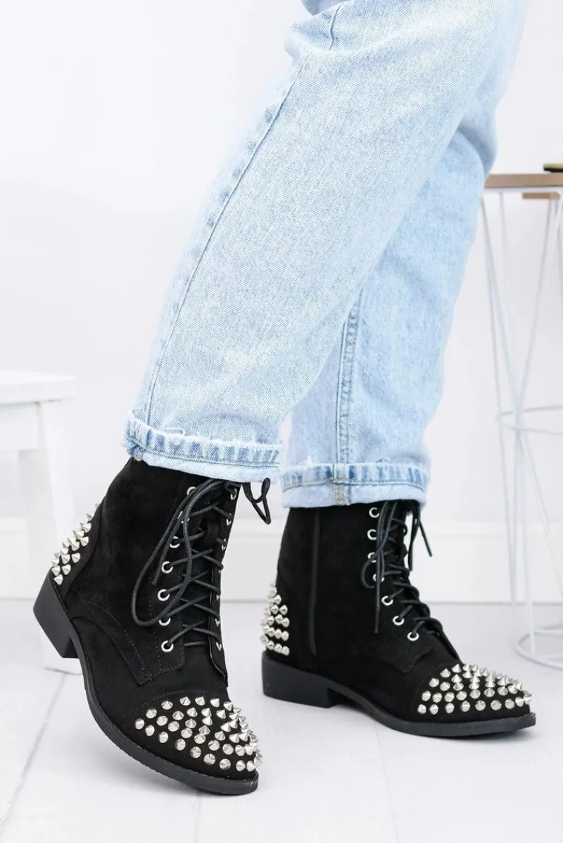 Botki Sznurowane|Botki Workery>Boto Botki Damskie Lu Boo Zamszowe Czarne Workery z Ćwiekami Tension