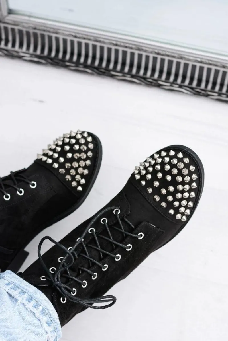 Botki Sznurowane|Botki Workery>Boto Botki Damskie Lu Boo Zamszowe Czarne Workery z Ćwiekami Tension