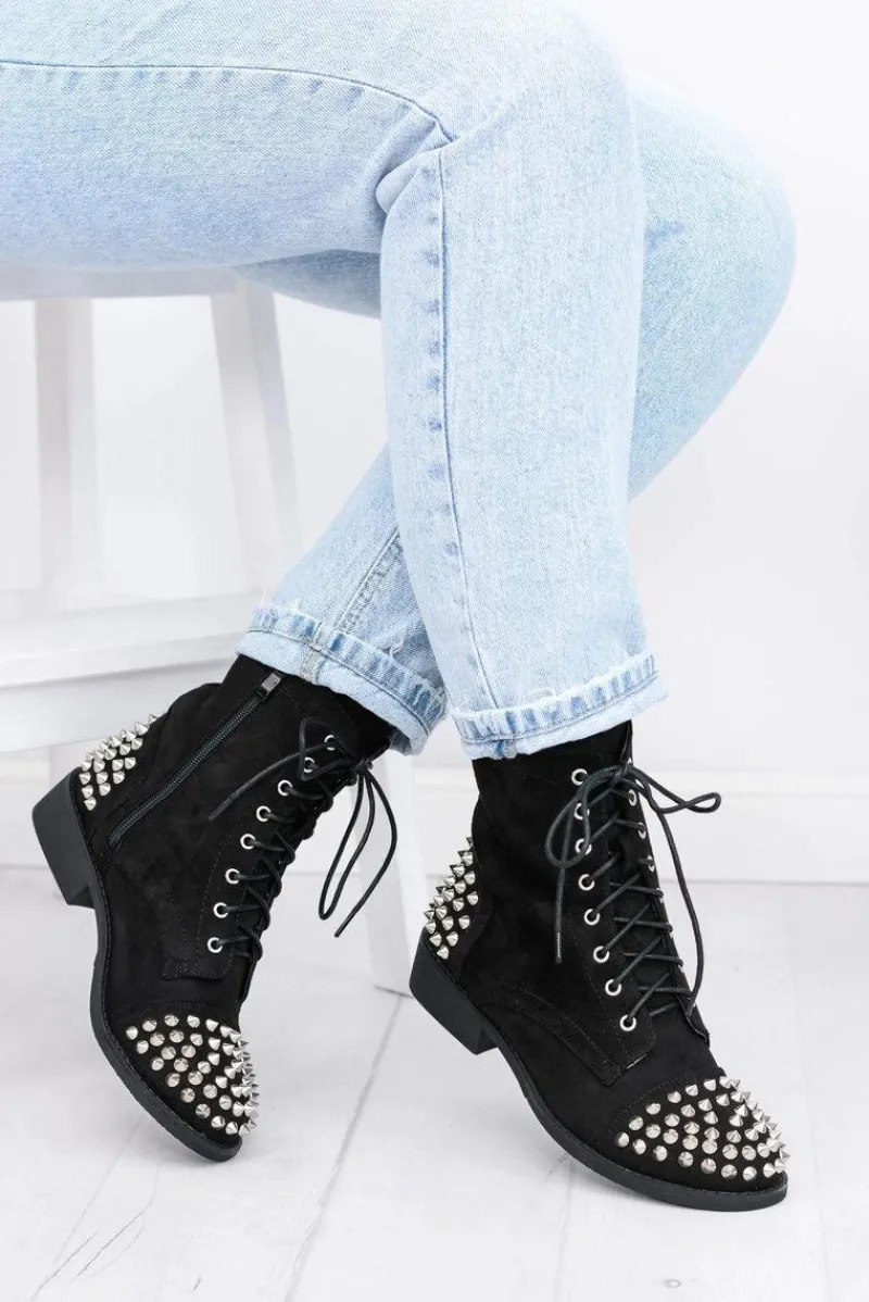 Botki Sznurowane|Botki Workery>Boto Botki Damskie Lu Boo Zamszowe Czarne Workery z Ćwiekami Tension