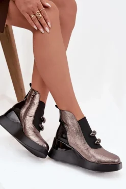 Botki Skórzane|Botki Na Koturnie>Damskie buty S.Barski Botki Damskie Na Koturnie D&A MR52-106 Metaliczne Srebrny