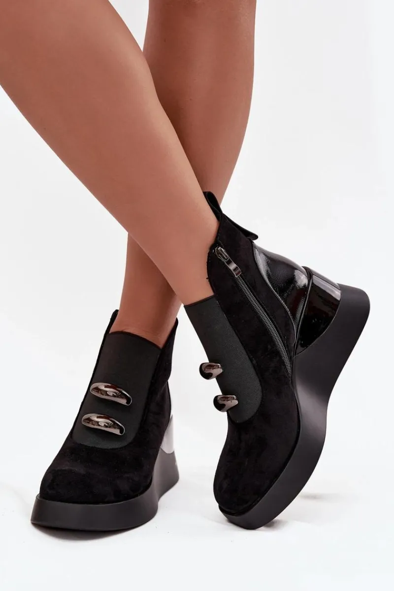 Botki Zimowe Damskie|Botki Na Koturnie>Damskie buty S.Barski Botki Damskie Na Koturnie D&A MR52-106 Czarne Czarny