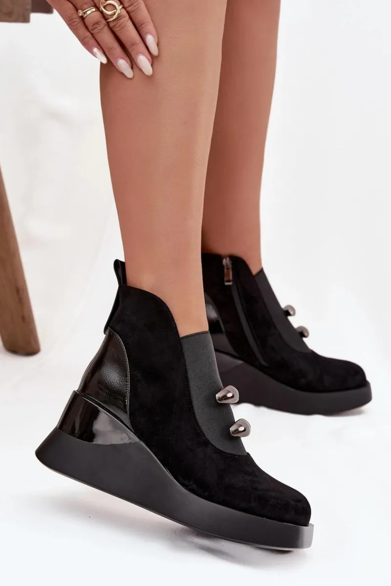 Botki Zimowe Damskie|Botki Na Koturnie>Damskie buty S.Barski Botki Damskie Na Koturnie D&A MR52-106 Czarne Czarny