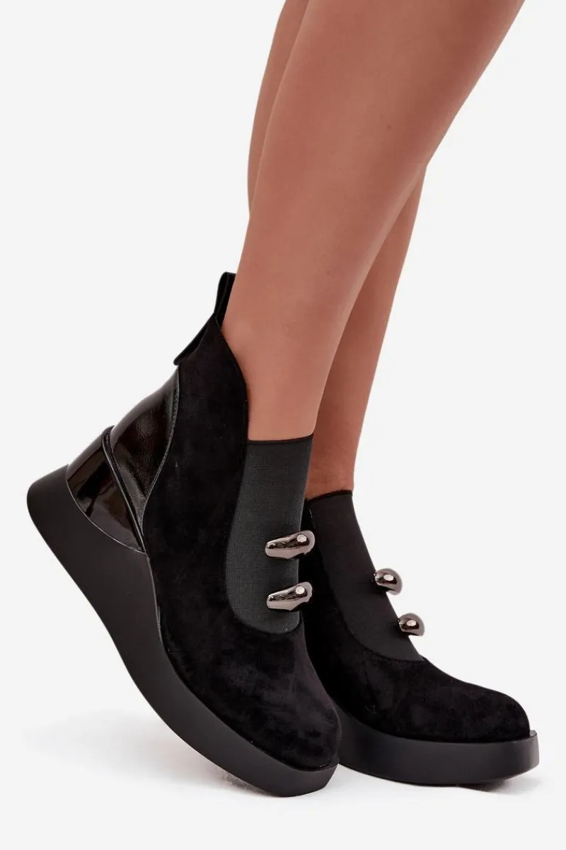 Botki Zimowe Damskie|Botki Na Koturnie>Damskie buty S.Barski Botki Damskie Na Koturnie D&A MR52-106 Czarne Czarny