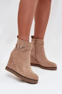 New Boto Botki Damskie Na Koturnie Z Ozdobnym Detalem Beżowe Marivana Beżowy