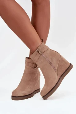 New Boto Botki Damskie Na Koturnie Z Ozdobnym Detalem Beżowe Marivana Beżowy