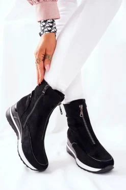 Botki Damskie na Koturnie Czarne Glenvar Damskie Botki Na Koturnie|Czarne Botki