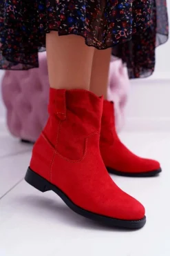 Botki Damskie Na Koturnie Płaski Obcas Ocieplane Za Kostkę Czerwone Demini Damskie Botki Na Koturnie|Botki Zimowe Damskie
