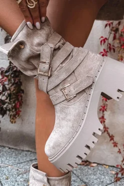 Czarne Botki|Botki Na Obcasie>Boto Botki Damskie Na Masywnym Obcasie Z Klamrami I Paskiem Beżowe Nerelisa Beżowy