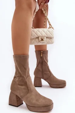 Best Botki Damskie Na Masywnym Obcasie I Platformie Ciemnobeżowe Adelles Damskie Botki Na Słupku|Botki Na Obcasie