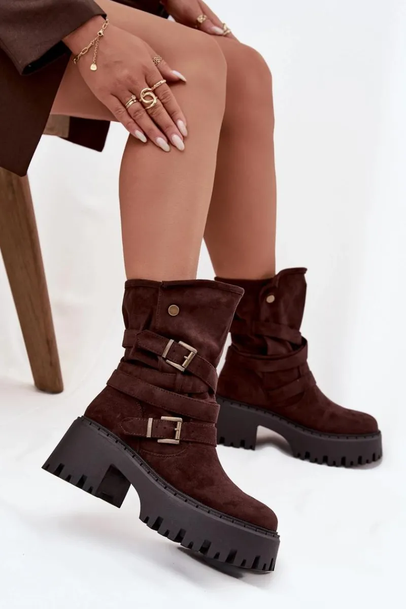 Best Botki Damskie Na Masywnym Obcasie Z Klamrami I Paskiem Czekoladowe Nerelisa Damskie Czarne Botki|Botki Na Obcasie