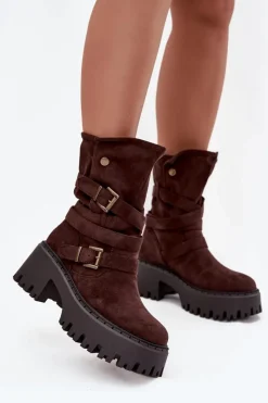 Best Botki Damskie Na Masywnym Obcasie Z Klamrami I Paskiem Czekoladowe Nerelisa Damskie Czarne Botki|Botki Na Obcasie