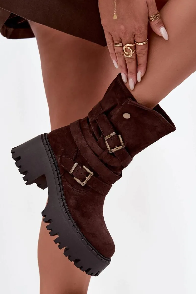 Best Botki Damskie Na Masywnym Obcasie Z Klamrami I Paskiem Czekoladowe Nerelisa Damskie Czarne Botki|Botki Na Obcasie