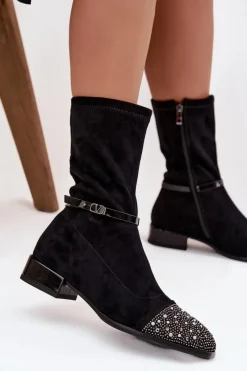 Discount Botki Damskie Na Niskim Obcasie Ze Zdobieniem I Paskiem MR52-165 Czarne Damskie Botki Ocieplane|Botki Na Obcasie