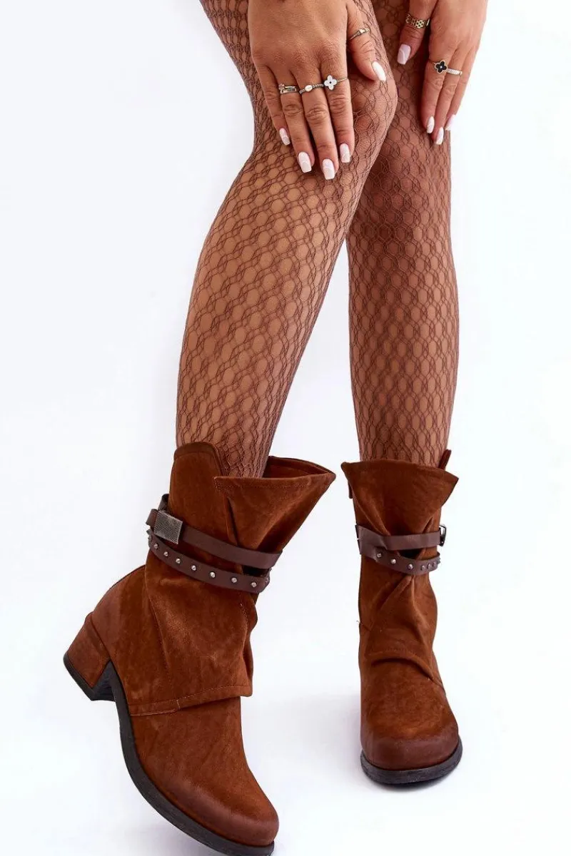 Best Boto Botki Damskie Na Niskim Obcasie Z Paskami Camel Thelereia