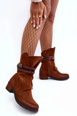 Best Boto Botki Damskie Na Niskim Obcasie Z Paskami Camel Thelereia