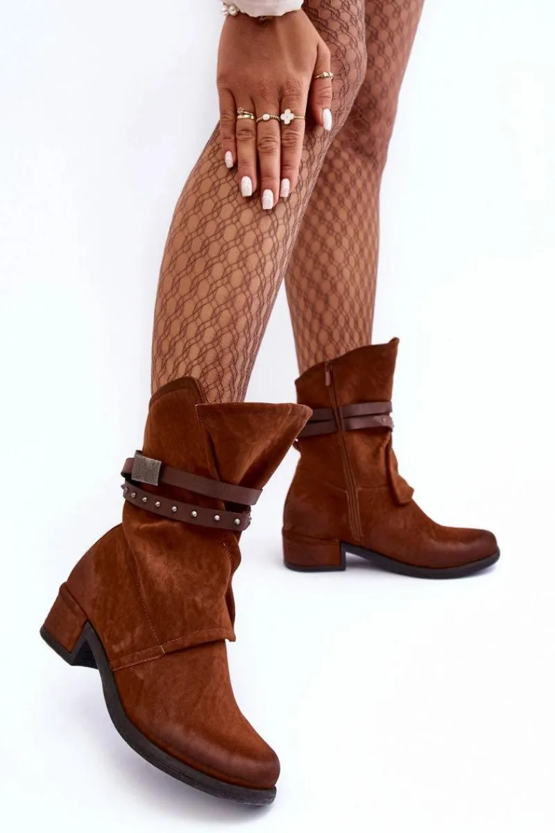Best Boto Botki Damskie Na Niskim Obcasie Z Paskami Camel Thelereia