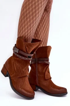 Best Boto Botki Damskie Na Niskim Obcasie Z Paskami Camel Thelereia