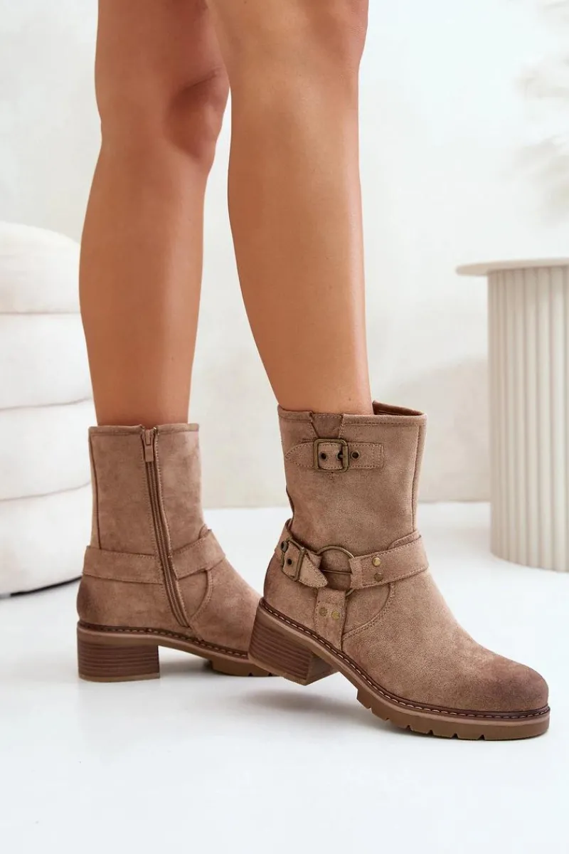 Brązowe I Beżowe Botki|Botki Na Obcasie>Boto Botki Damskie Na Niskim Obcasie Z Klamrami Ciemnobeżowe Zudra Beżowy